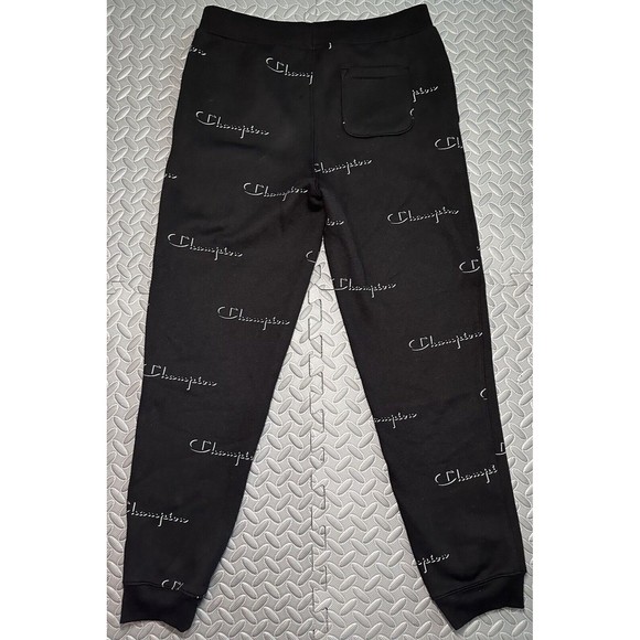Champion Reverse Weave All Over Logo Print Black Boy 60% cotton Joggers Pants XL - Picture 8 of 11